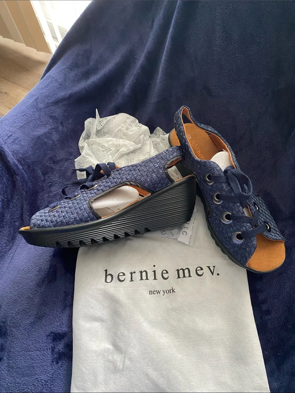 bernie mev. Navy Woven Open-Toe Lace-Up Sandals